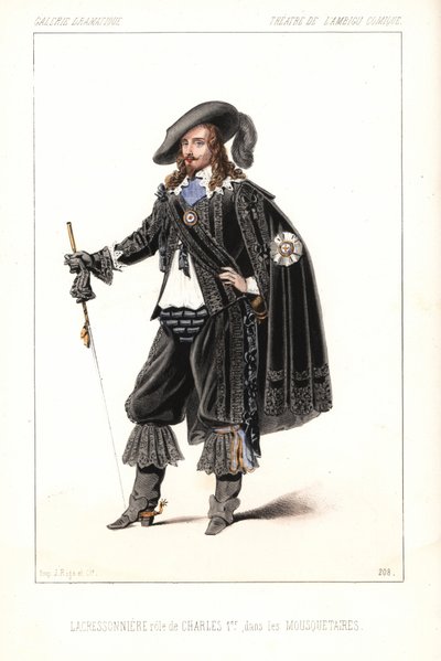 El actor francés Louis Lacressonniere como Rey Carlos I en Les Mousquetaires de Alexandre Dumas, Theatre de l