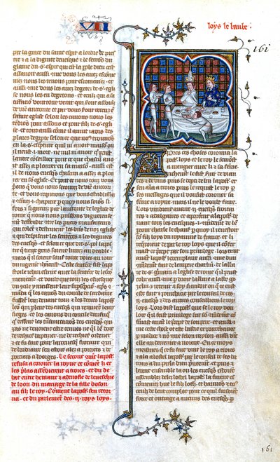 El rey francés Luis el Tartamudo (846-879) se reúne con el papa Juan VIII para su coronación en 877, iluminación de "Grandes Chroniques de France de CharlesV", c. 1375-1380 de Unbekannter Künstler