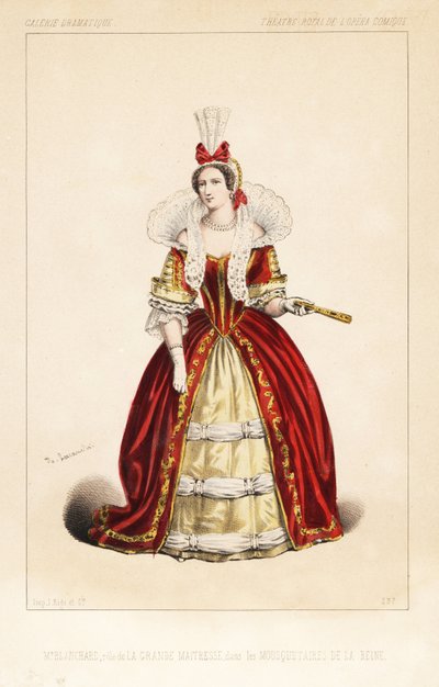 La cantante de ópera francesa Madame Frosine Blanchard como La Grande Maitresse en la ópera cómica Les Mousquetaires de la Reine de Fromental Halevy, Theatre Royal de l