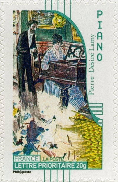 Sello postal francés mostrando a una pianista, de una pintura del artista francés Pierre-Désiré Lamy de Unbekannt