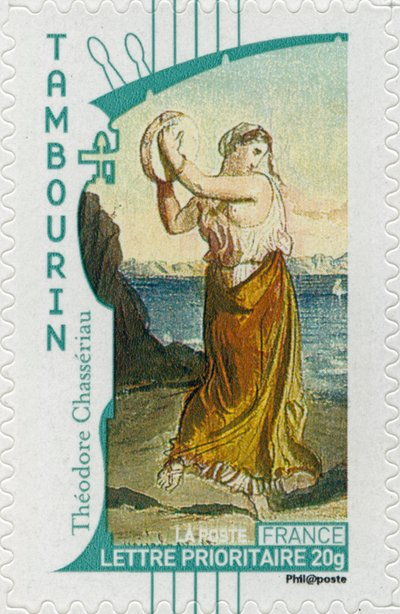 Sello postal francés que muestra a una gitana tocando el tamborín, de una pintura del artista francés Théodore Chassériau de Unbekannt