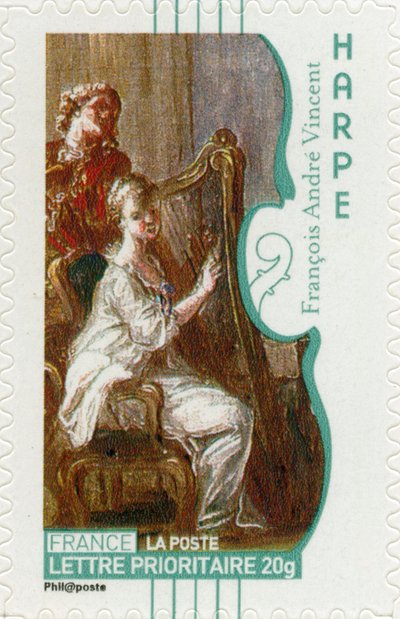 Sello postal francés que muestra a una mujer tocando el arpa, de una pintura del artista francés François-André Vincent de Unbekannt