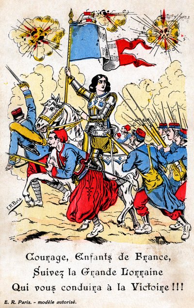 Postal francesa mostrando a Juana de Arco liderando a los soldados franceses a la guerra de Unbekannt