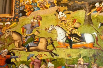 Fresco; Shah Ismail en un caballo blanco en la batalla de Taher Abad; 1510; contra los uzbekos en Merv; Chehel Sotoun; Palacio de las Cuarenta Columnas; Isfahan; Irán; Asia de Unbekannt
