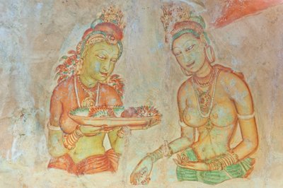 Fresco; mujer con el pecho descubierto con flores; Apsaras; Sitio del Patrimonio Mundial de la UNESCO; Sigiriya; Sri Lanka; Asia de Unbekannt