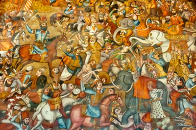 Fresco; batalla; batalla de Nadir Shah en la Batalla de Karnal; 1739; en un caballo; contra el Sultán Mohammed Shah Gurkani en un elefante blanco; Chehel Sotoun; Palacio de las Cuarenta Columnas; Isfahan; Irán; Asia de Unbekannt