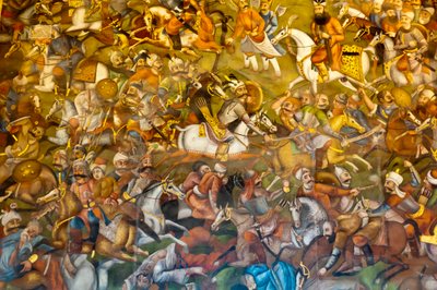 Fresco; batalla de Chaldiran o Chaldiran contra los otomanos del Sultán Selim I.; 1514; Chehel Sotoun; Palacio de las Cuarenta Columnas; Isfahan; Irán; Asia de Unbekannt