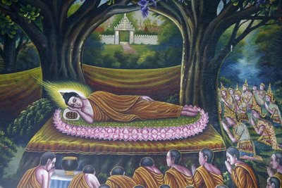 Fresco que representa la entrada del Buda en el nirvana en Wat Chiang Mun, Chiang Mai. Entrada del Buda en el parinirvana. Tailandia de Unbekannt