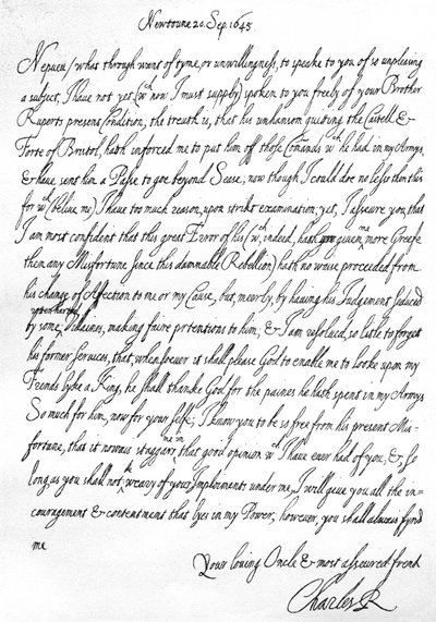 Carta amistosa de Carlos I a su sobrino, el Príncipe Mauricio, escrita en Newtown, Powys, Gales, 20 de septiembre de Unbekannt