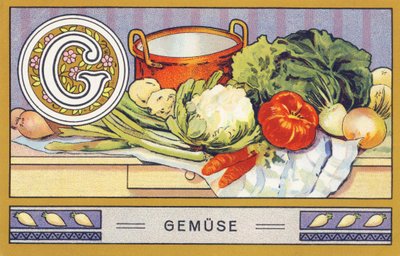 G: Gemuse - Alfabeto Palmin. Serie de cromolitografías editadas por H. Schlinck & Cie, Hamburgo. Publicidad para Palmin feinstes Cocosfett. Dimensiones: 7 x 11 cm de William M. Timlin