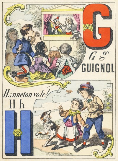 G H: Guignol, Hanneton vole! - Alfabeto de Juegos, c.1890 (ilustración) de Unbekannt