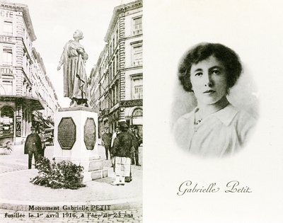 Gabrielle Petit y el monumento erigido en su honor en Bruselas, tarjetas conmemorativas, c.1925 (litografía) de Unbekannter Künstler