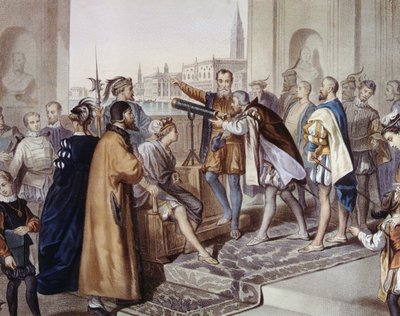 Galileo Galilei demostrando su invento el telescopio (litografía en color) de Unbekannter Künstler