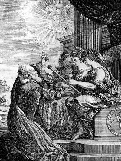 Galileo presenta su telescopio a las Musas y señala un sistema heliocéntrico del universo de Unbekannter Künstler