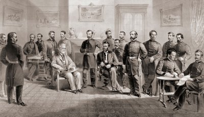 El General Ulysses S. Grant (sentado al centro derecha) y el General Robert E. Lee (sentado al centro izquierda) con sus respectivos estados mayores en el Palacio de Justicia de Appomattox, Virginia, donde el General Lee rindió el Ejército de Virginia del  de Unbekannt