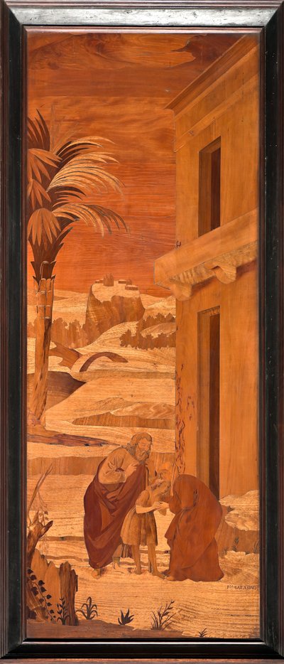 Génova, Duomo (Catedral de San Lorenzo), interior, ábside, coro, lado norte: "San Juan Bautista se despide de su familia", intarsia de madera de Vincenzo e Tommaso Garassino (siglo XIX) de Unbekannter Künstler