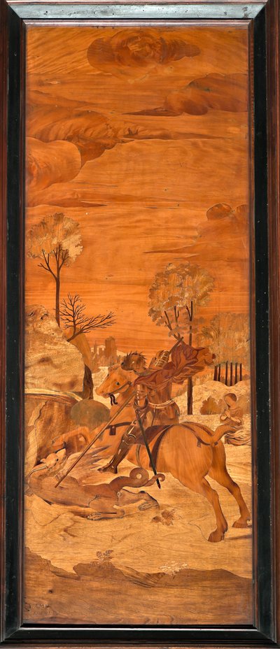 Génova, Duomo (Catedral de San Lorenzo), interior, ábside, coro, Sur: "San Jorge y el dragón", intarsia de madera de Vincenzo e Tommaso Garassino (siglo XIX) de Unbekannter Künstler