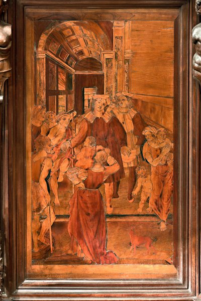 Génova, Duomo (Catedral de San Lorenzo), interior, presbiterio, ábside, coro, lado norte: "La Caridad de San Lorenzo", intarsia de madera de Gian Michele De