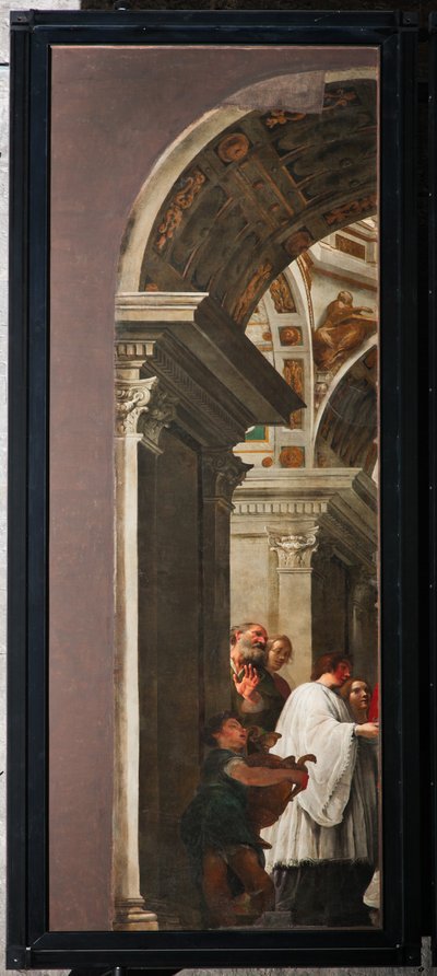 Génova, Duomo (Catedral de San Lorenzo), interior, nave izquierda, puertas originales del órgano del transepto lateral sur: "San Lorenzo distribuye el tesoro de la Iglesia a los pobres" (1635), de Andrea Ansaldo de Unbekannter Künstler