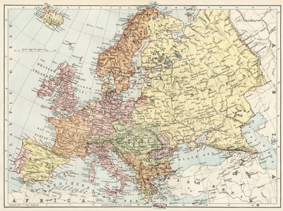 Mapa geográfico de Europa en la década de 1870. Litografía en color del siglo XIX de Unbekannter Künstler