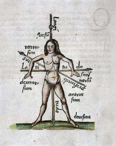 Geografía siglo XVI: figura humana representando las longitudes y latitudes, su cuerpo es atravesado por lanzas orientadas según los ángulos de las líneas imaginarias de Unbekannt