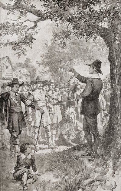 George Fox predicando a una multitud en Maryland, Estados Unidos, en 1671, durante una reunión de cuatro días de los cuáqueros locales. Jorge Fox de Unbekannter Künstler