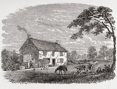 Casa natal de George Stephenson. Casa de piedra del siglo XVIII donde nació George Stephenson, Wylam, Northumberland, Inglaterra, vista aquí en el siglo XIX. De Great Engineers, publicado hacia 1890 (grabado en blanco y negro). de Unbekannter Künstler
