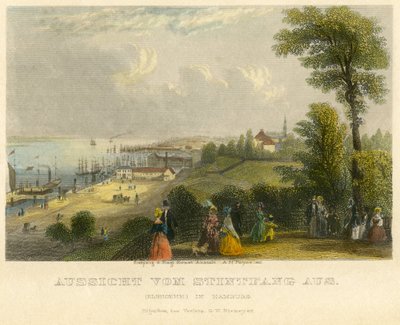 Alemania, Hamburgo, Elbhoehe, vista desde el Stintfang hasta el río Elba, grabado en acero coloreado antiguo de A. H. Payne, Leipzig, publicado por G. W. Niemeyer, hacia 1850. de Unbekannter Künstler