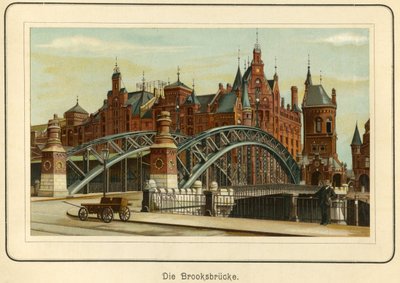 Alemania, Hamburgo, el "Brooksbruecke" (puente Brooks) y al fondo los almacenes del puerto, llamado "Speicherstadt", c.1890 (litografía) de Unbekannter Künstler
