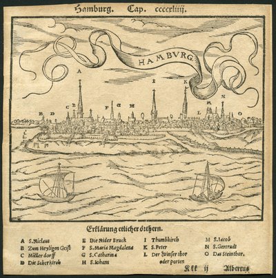 Alemania, Hamburgo, vista de la ciudad, en primer plano el río Elba, ilustración de la Cosmographia de Sebastian Muenster (Munster), c.1570 (grabado) de Unbekannter Künstler
