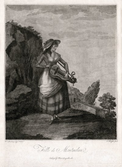 Niña de Montmelian, en Gironda, tocando la rueda antigua (grabado) de Unbekannter Künstler
