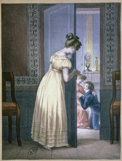 Muchacha escuchando la conversación privada de dos amantes, c.1820 (grabado) de Unbekannter Künstler
