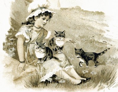 Niña regresando con gatos en sus rodillas. Postal alrededor de 1900. Cromolitografía de Unbekannt