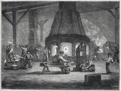 Fabricación de vidrio en la segunda mitad del siglo XIX: niños trabajando, c. 1880 (grabado) de Unbekannter Künstler