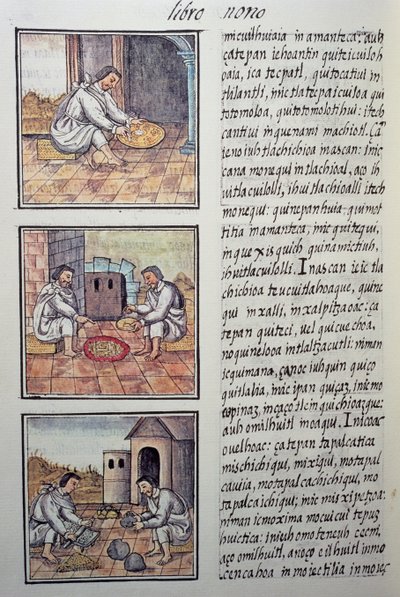 Procesamiento de oro tras la conquista española, página del Códice Florentino, Historia General de las Cosas de la Nueva España, por el misionero español Fray Bernardino de Sahagún (1499-1590). Civilización azteca de William M. Timlin