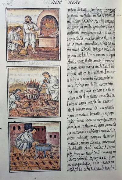 Producción de oro por los españoles, página del Códice Florentino, versión bilingüe en español y náhuatl, Historia General de las Cosas de la Nueva España, por el misionero español Fray Bernardino de Sahagún. Civilización azteca de William M. Timlin