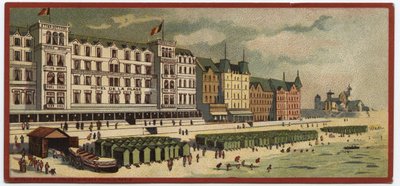 Grandes hoteles: vista exterior del Hotel de la Plage en Ostende, Bélgica - Mapa de una serie que presenta los hoteles de la 