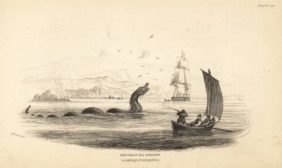 Gran serpiente marina abatida por la tripulación del Lawrence de Ferry en 1746. Descrita en la Historia Natural de Noruega del obispo Erik Pontoppidan. de Unbekannter Künstler