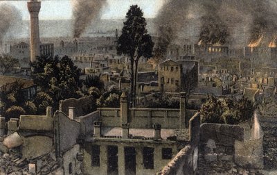 Grecia, Salónica (o Tesalónica): vista de la ciudad alta parcialmente quemada, probablemente durante el incendio de 1917 - Tarjeta postal 1914-1918 de Unbekannter Künstler