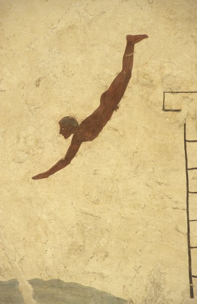 Arte griego: Fresco de la Tumba del Buceador, Paestum, Región de Campania, Italia. Tomba del Tuffatore, mural, parque arqueológico de Paestum, Campania, Italia de William M. Timlin