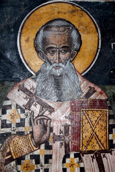Cristianismo ortodoxo griego; antiguos frescos bizantinos; mural del obispo Nicolás; Iglesia de Agios Nikolaos en Petra; Lesbos; Mar Egeo; Grecia; Europa de Unbekannt