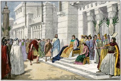 Mitología griega y romana: Didón (o Elisa o Elissa), legendaria fundadora y primera reina de Cartago (Túnez), recibe a Enee, la heroína de la guerra de Troya y fundadora de Lavinio, originaria de Roma (Italia) - Grabado coloreado siglo XIX - Dido, fou de Unbekannter Künstler