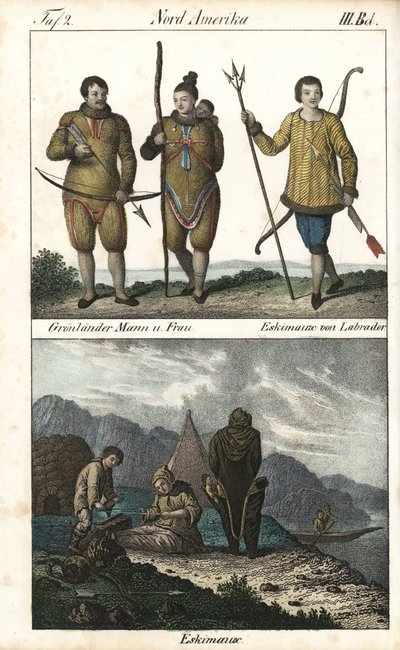 Habitantes de Groenlandia con pieles y un inuit de Labrador (Canadá) con un tridente. Abajo, una escena cotidiana de la vida familiar inuit delante de un iglú, una tienda de campaña y una canoa, Norteamérica. Litografía para el libro: "Galerie complete en  de Unbekannter Künstler