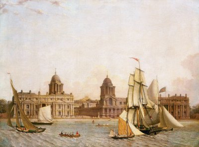 Hospital de Greenwich (Inglaterra), desde la Isla de los Perros (orilla norte del Támesis), con la navegación de diversos barcos por el río. Óleo sobre lienzo, hacia 1830-1840 de Unbekannter Künstler