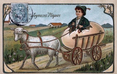 Tarjeta de felicitación para Pascua: un niño saliendo de un huevo conduce un carro tirado por un cordero de William M. Timlin