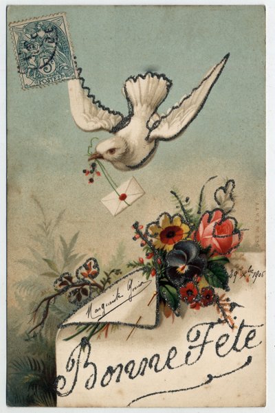 Tarjeta de felicitación: un pájaro trae una carta sellada - Postal fechada en 1906 de Unbekannt