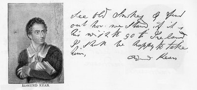 Caligrafía y firma de Edmund Kean de Unbekannt