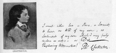 Escritura y firma de Thomas Chatterton de una carta escrita a William Barrett en respuesta a las amonestaciones de Barrett contra la intención de Chatterton de suicidarse de Unbekannt