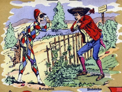 Arlequín y Bobeche. Alfabeto ilustrado. Imágenes reunidas en Jarville-Nancy, principios del siglo XX. Dim: 40 x 29 cm. Litografía sobre fondo bistre de William M. Timlin