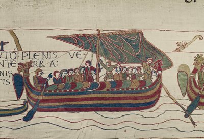 Los barcos de Harold son llevados al territorio del Conde Guy de Ponthieu, Tapiz de Bayeux (bordado en lana sobre lino) de Unbekannt